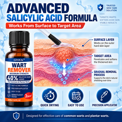 💧GFOUK®40% Salicylic Acid Wart Remover Liquid – Maximum Strength Fast-Acting Treatment for Common, Plantar & Flat Warts, Corns & Calluses, 1.01 fl oz