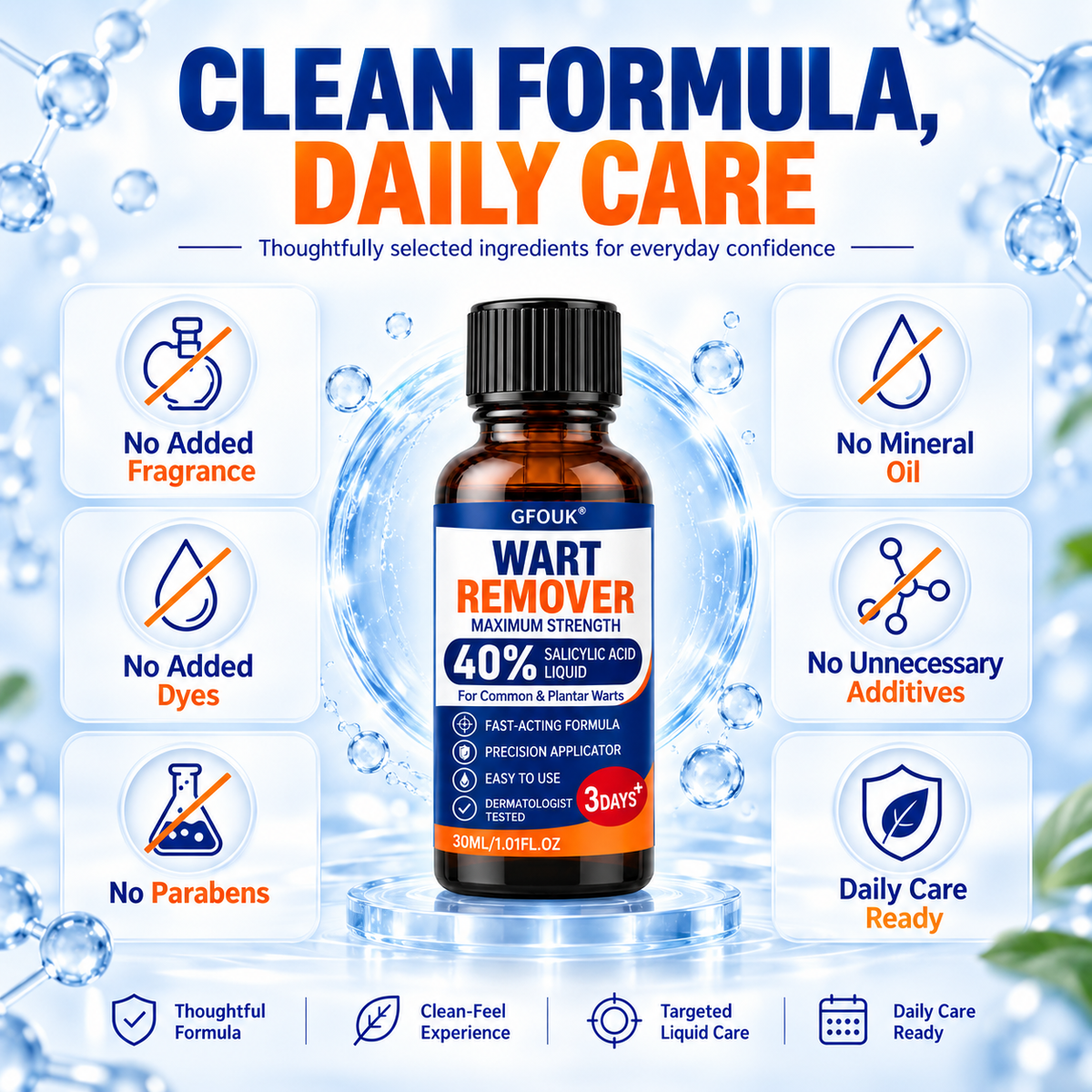 💧GFOUK®40% Salicylic Acid Wart Remover Liquid – Maximum Strength Fast-Acting Treatment for Common, Plantar & Flat Warts, Corns & Calluses, 1.01 fl oz