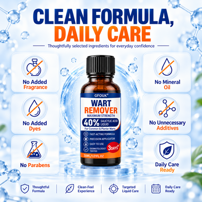 💧GFOUK®40% Salicylic Acid Wart Remover Liquid – Maximum Strength Fast-Acting Treatment for Common, Plantar & Flat Warts, Corns & Calluses, 1.01 fl oz