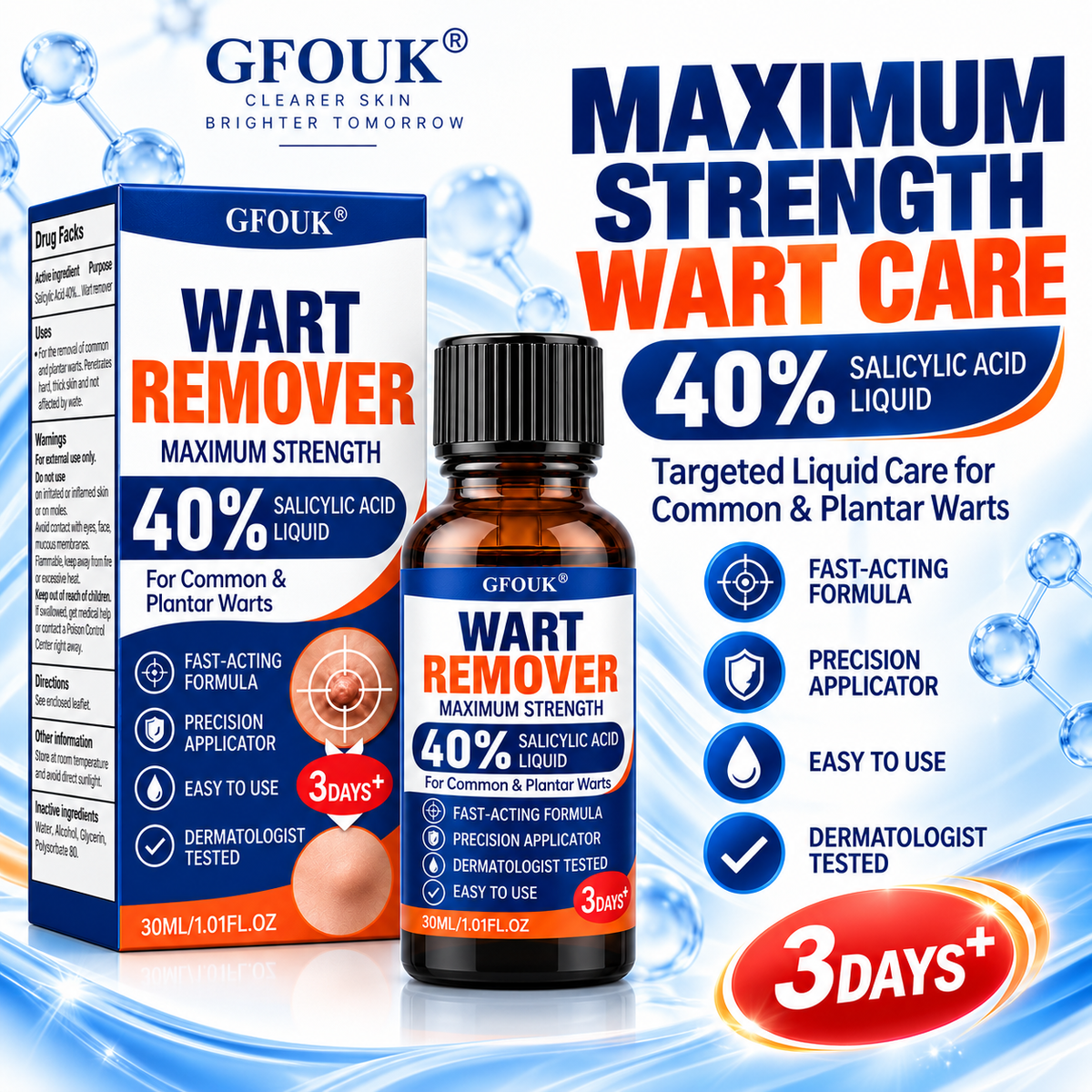 💧GFOUK®40% Salicylic Acid Wart Remover Liquid – Maximum Strength Fast-Acting Treatment for Common, Plantar & Flat Warts, Corns & Calluses, 1.01 fl oz