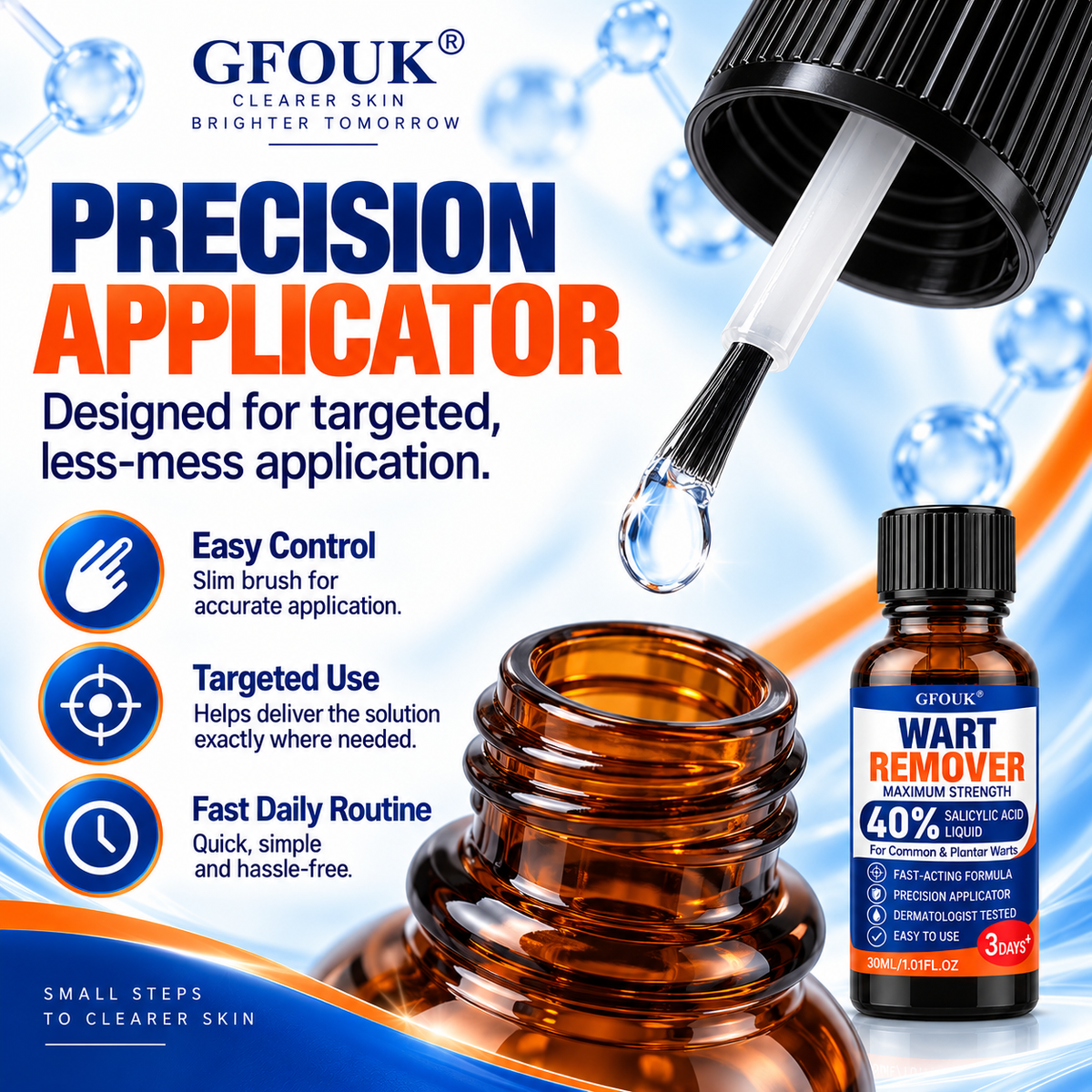 💧GFOUK®40% Salicylic Acid Wart Remover Liquid – Maximum Strength Fast-Acting Treatment for Common, Plantar & Flat Warts, Corns & Calluses, 1.01 fl oz